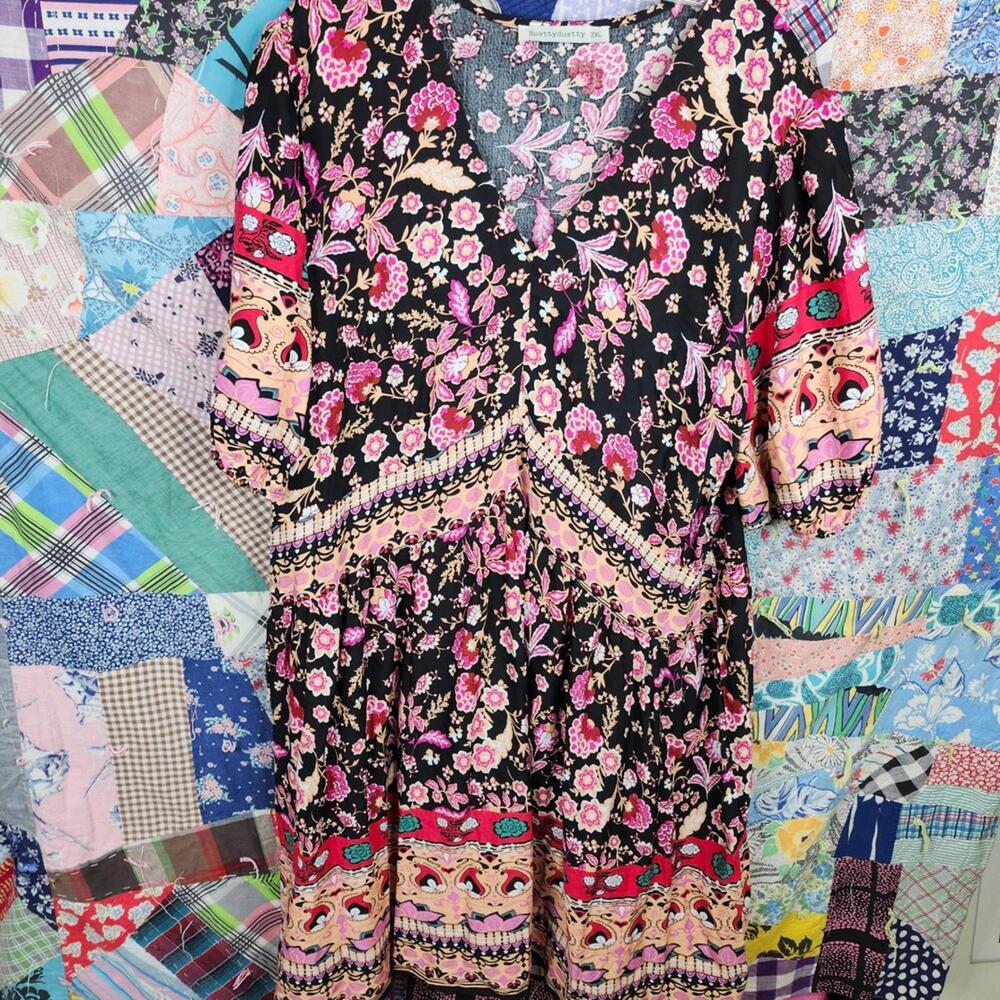 Rustydustty Floral Print Dress V Neck Bohemian Style‎ 2XL